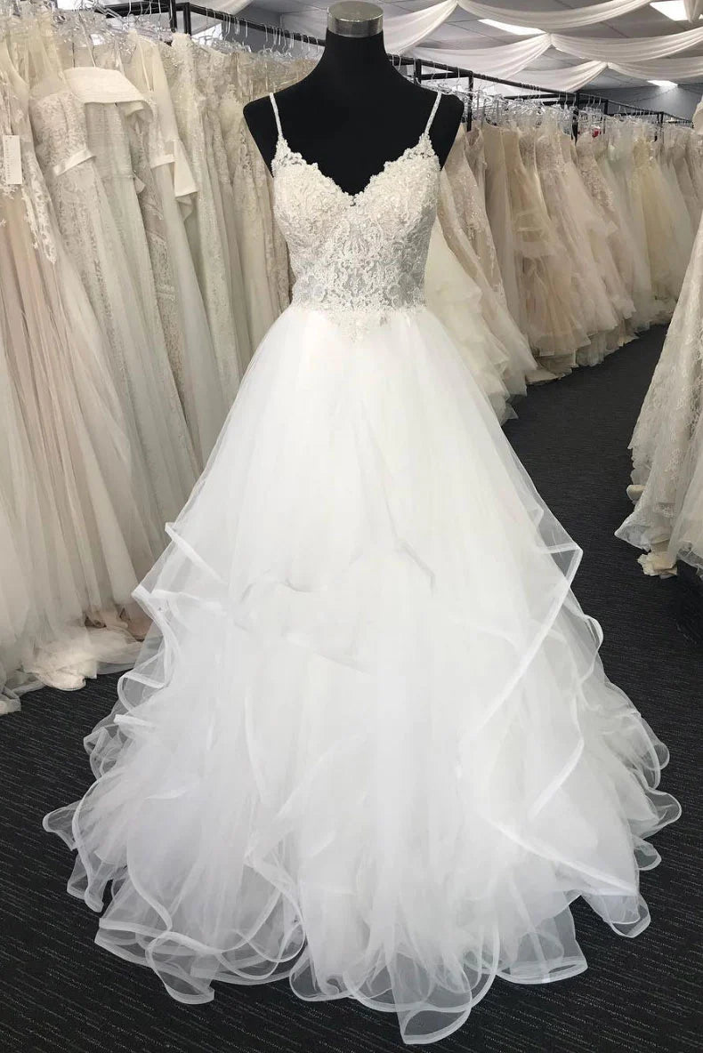 Tulle v neck lace long wedding dress