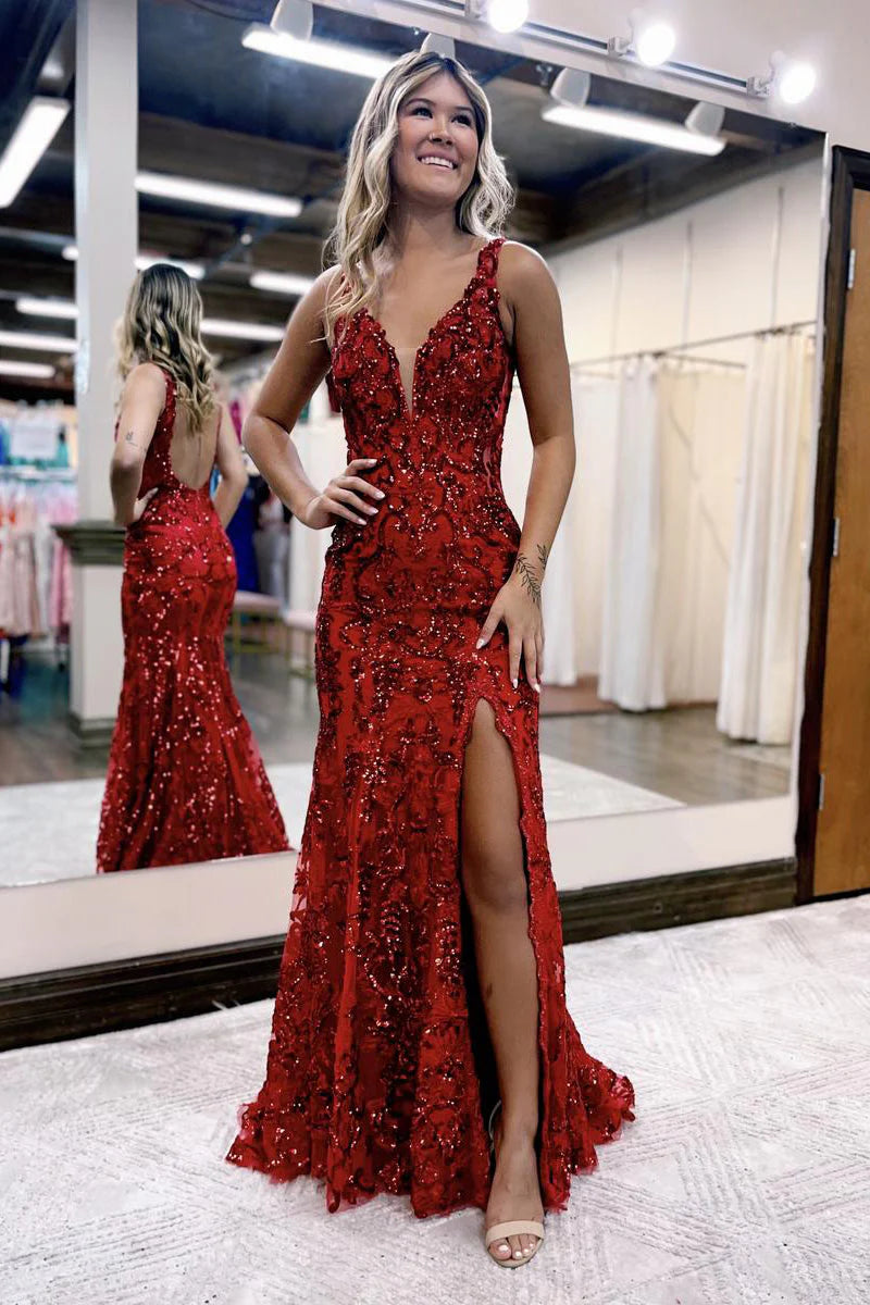Vestido de fiesta de sirena con escote en V, lentejuelas y encaje con abertura