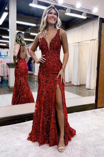 Vestido de fiesta de sirena con escote en V, lentejuelas y encaje con abertura
