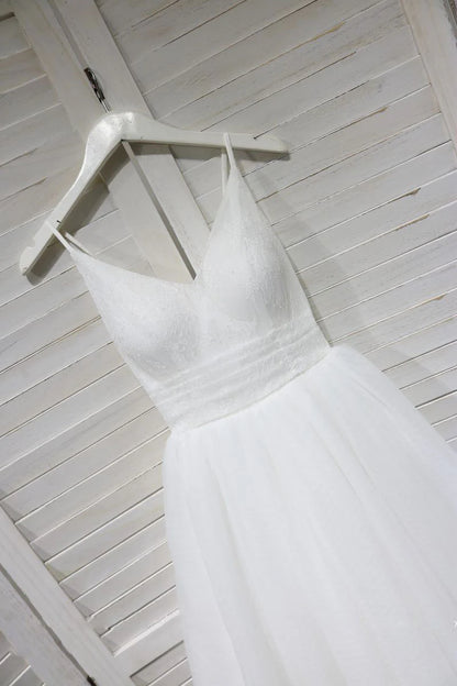 Tulle V neck lace tea Length prom dress