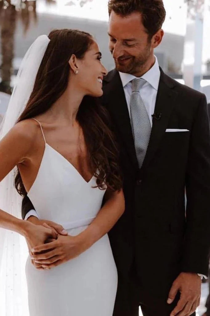 Mermaid Sheath Spaghetti Straps Satin Ivory Wedding Gowns Wedding Dresses