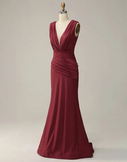 Meerjungfrau-Ballkleid mit V-Ausschnitt, lang, glitzernd und plissiert