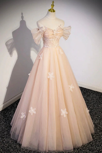 A-line Off Shoulder Cute Flowers Tulle Long Formal Dresses Evening Dresses