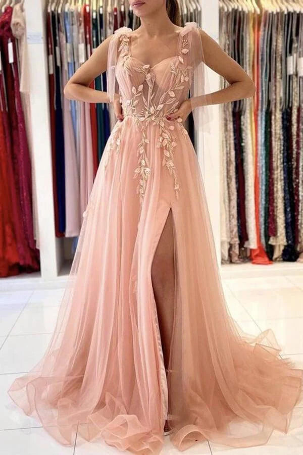 A-line Tulle Lace Tulle Prom Dress With Split