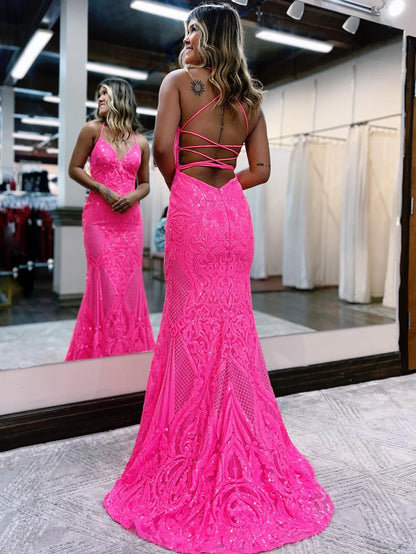 Meerjungfrau V-Ausschnitt Rosa Glitzer Rückenfreies, figurbetontes, langes Ballkleid