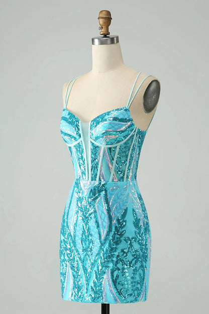 Sparkly Spaghetti Straps Corset Unique Homecoming Dress with Sequins