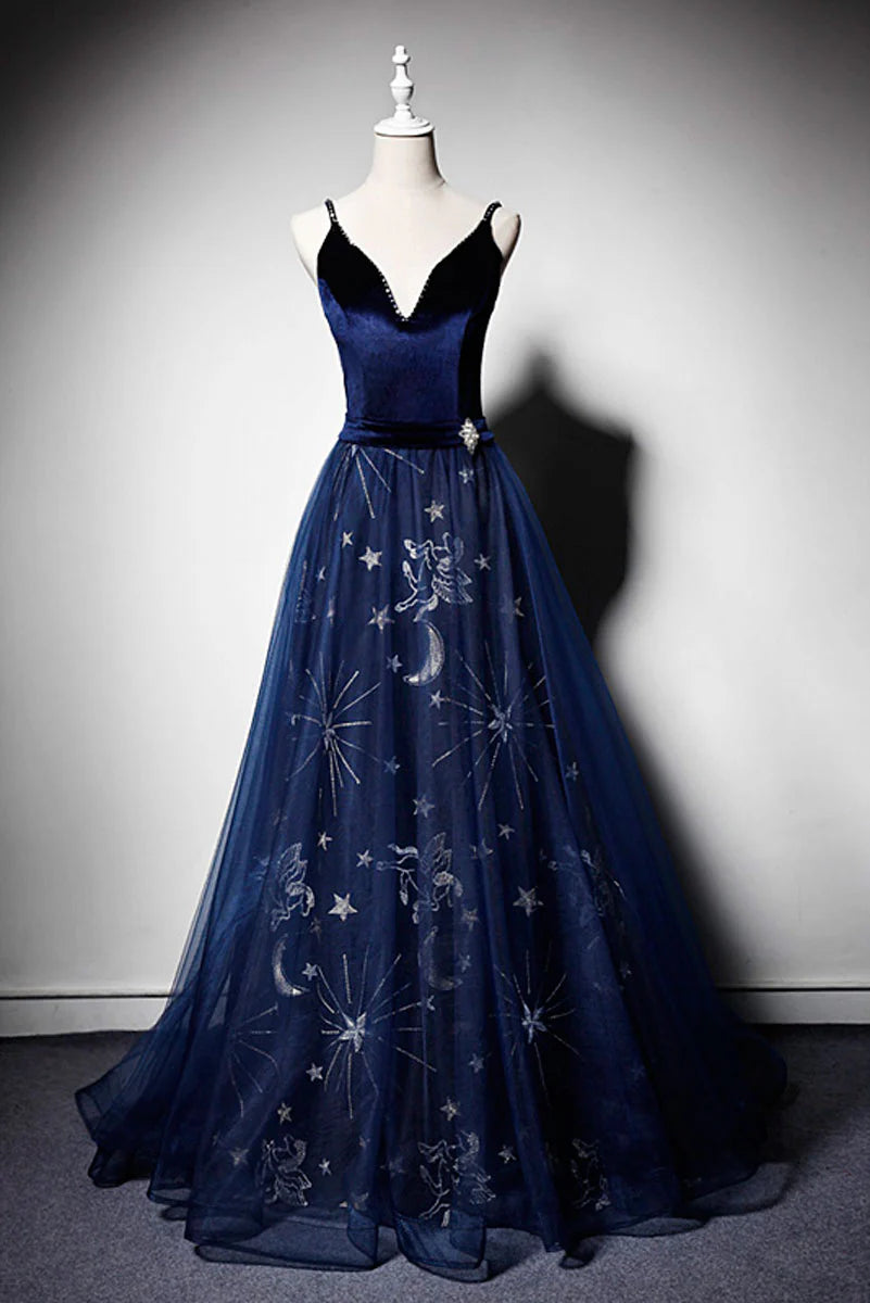 V neck tulle long prom dress