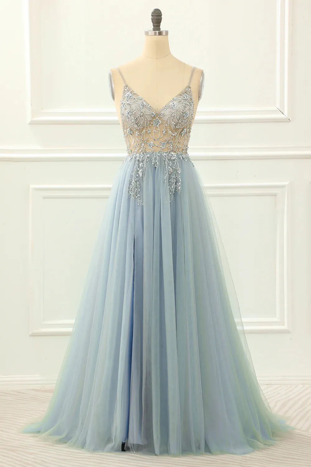 A-line Gorgeous Tulle Spaghetti Straps Long Prom Dress with Beading