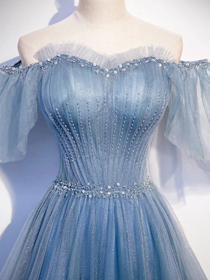 Sweetheart V Neck Tulle Flare Sleeves Beaded Sequin Prom Dresses Formal Evening Dresses