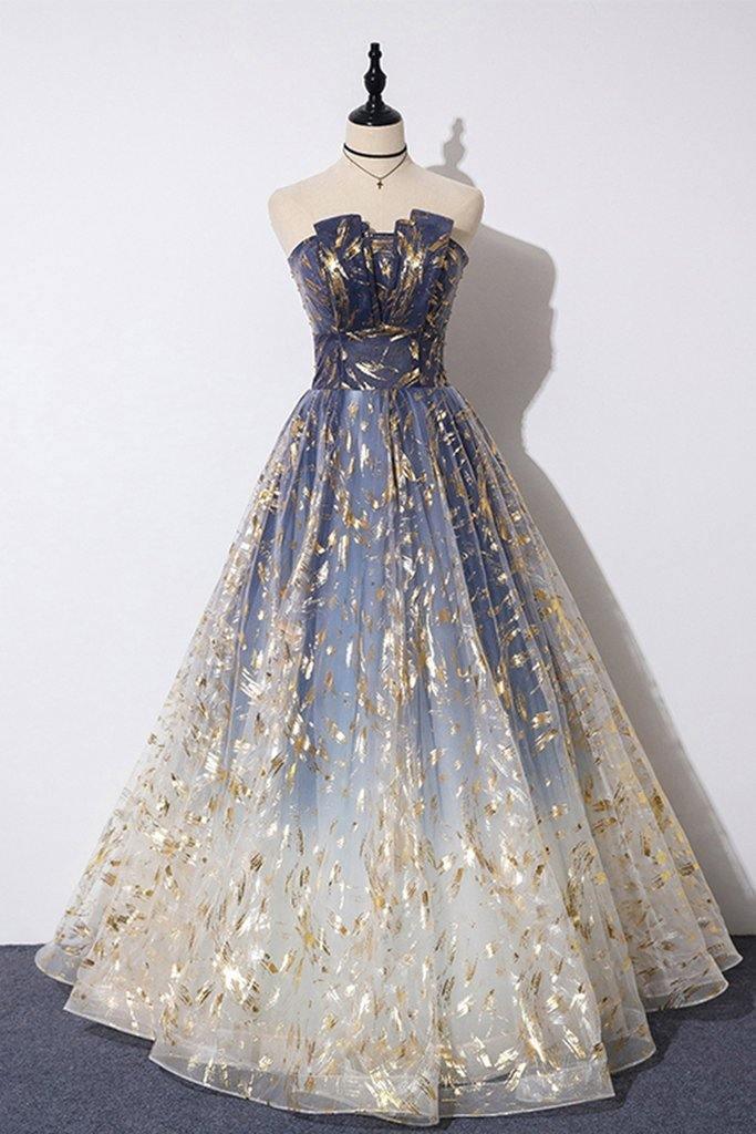 A Line Floral Print Tulle Strapless Long Prom Dress