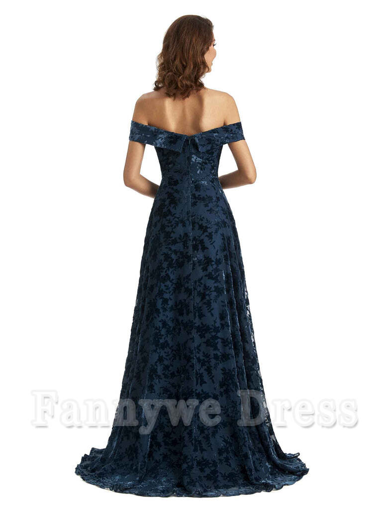 A-Line Off Shoulder Lace Velvet formal dresses evening gown Bridesmaid Dresses With Side Slit