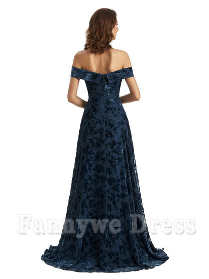 A-Line Off Shoulder Lace Velvet formal dresses evening gown Bridesmaid Dresses With Side Slit