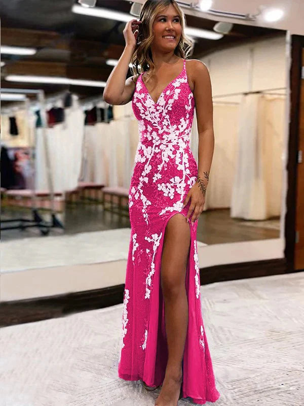 Vestido de fiesta largo de sirena con encaje brillante y abertura