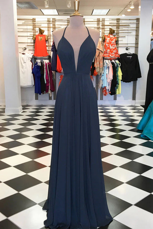 Simple V neck chiffon long prom dress
