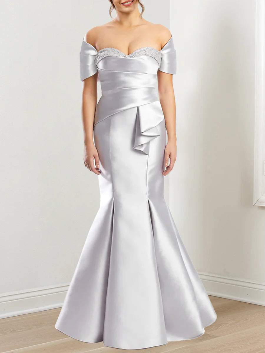 Vestidos de madre de la novia con mangas cortas y corte sirena sin tirantes