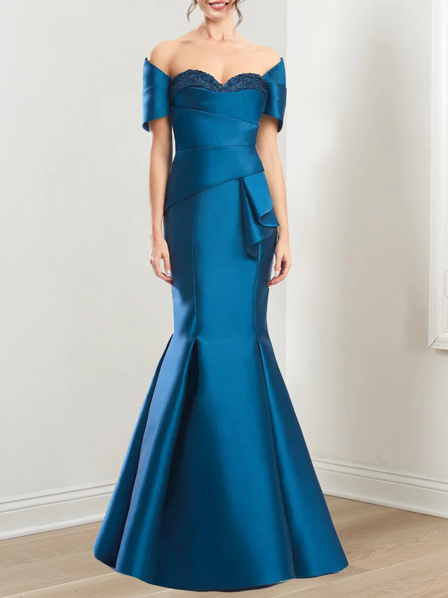 Vestidos de madre de la novia con mangas cortas y corte sirena sin tirantes