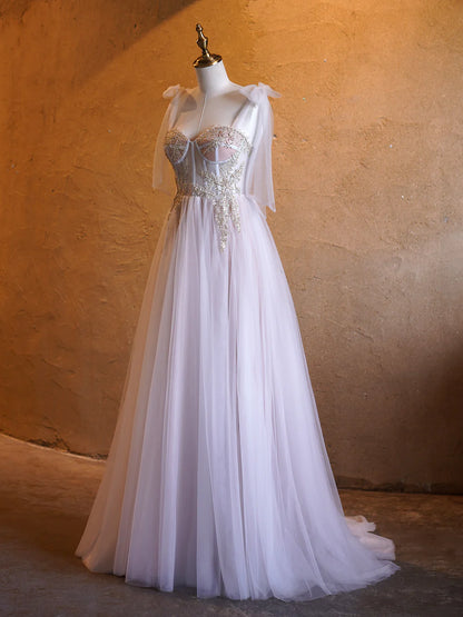 A-line Corset Applique Tulle Bow Straps sweep train Long Prom Dress