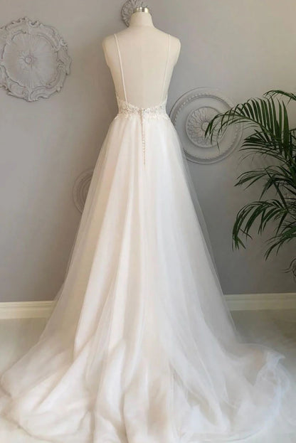 V neck tulle lace long prom dress