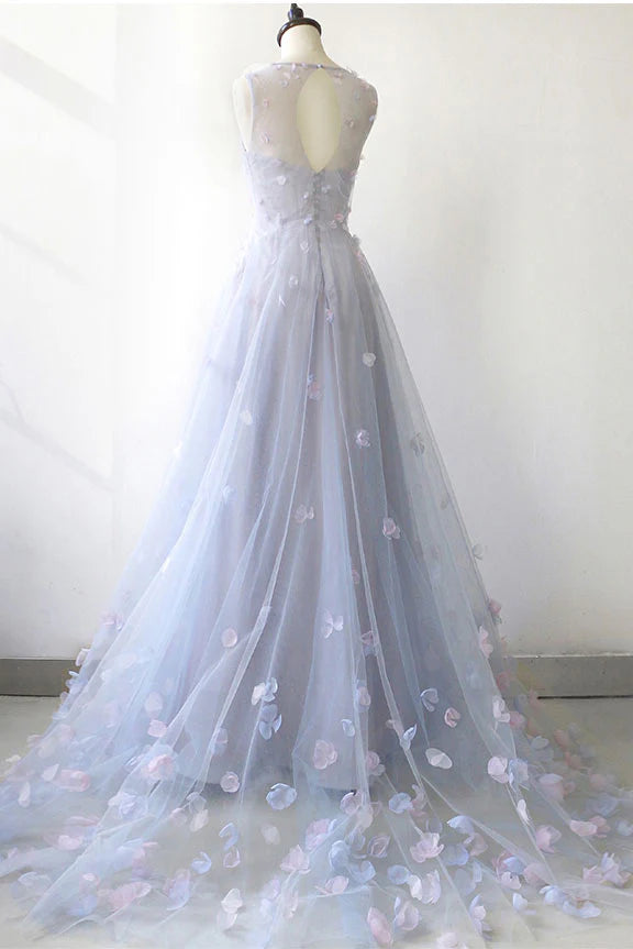 Simple round neck tulle long prom dress
