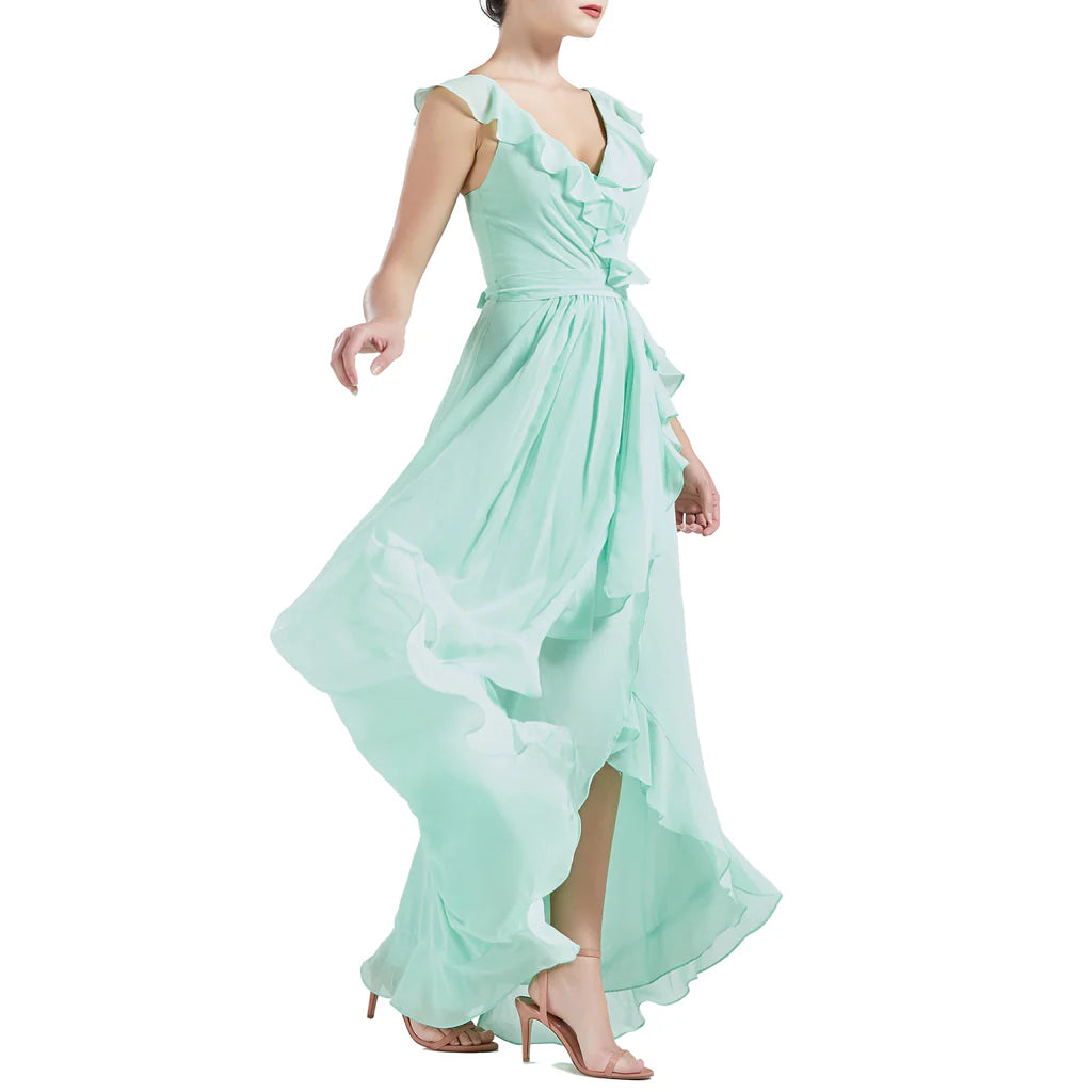 V Neck Ruffle Cap Sleeve Long Wedding Bridesmaid Dresses