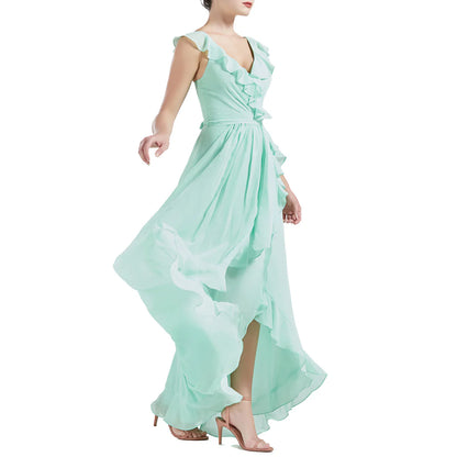 V Neck Ruffle Cap Sleeve Long Wedding Bridesmaid Dresses