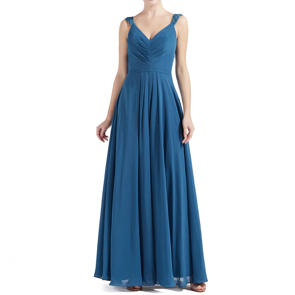 A Line V Neck Lace Chiffon Wedding Party Bridesmaid Dresses