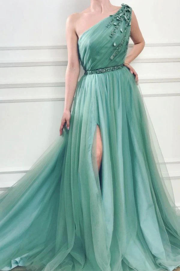 A-line One Shoulder Tulle Prom Dresses With Beading