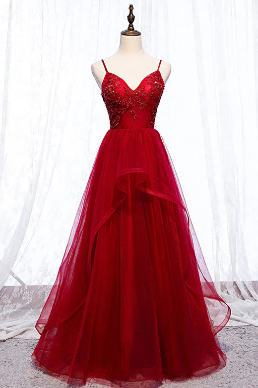 Tulle lace beads long prom dress