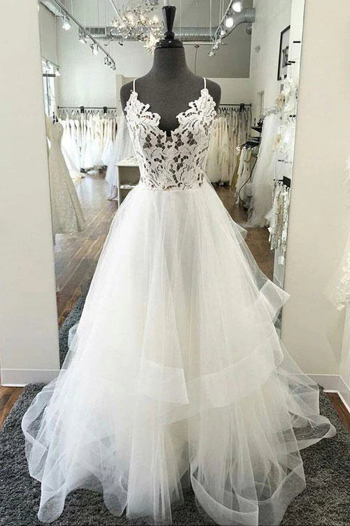 V neck lace tulle long Wedding Dresses