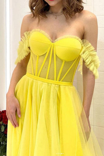 A-line Off The Shoulder Tulle Long Prom Dress