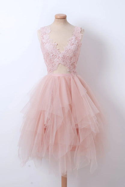 Tulle V neck lace short prom dress