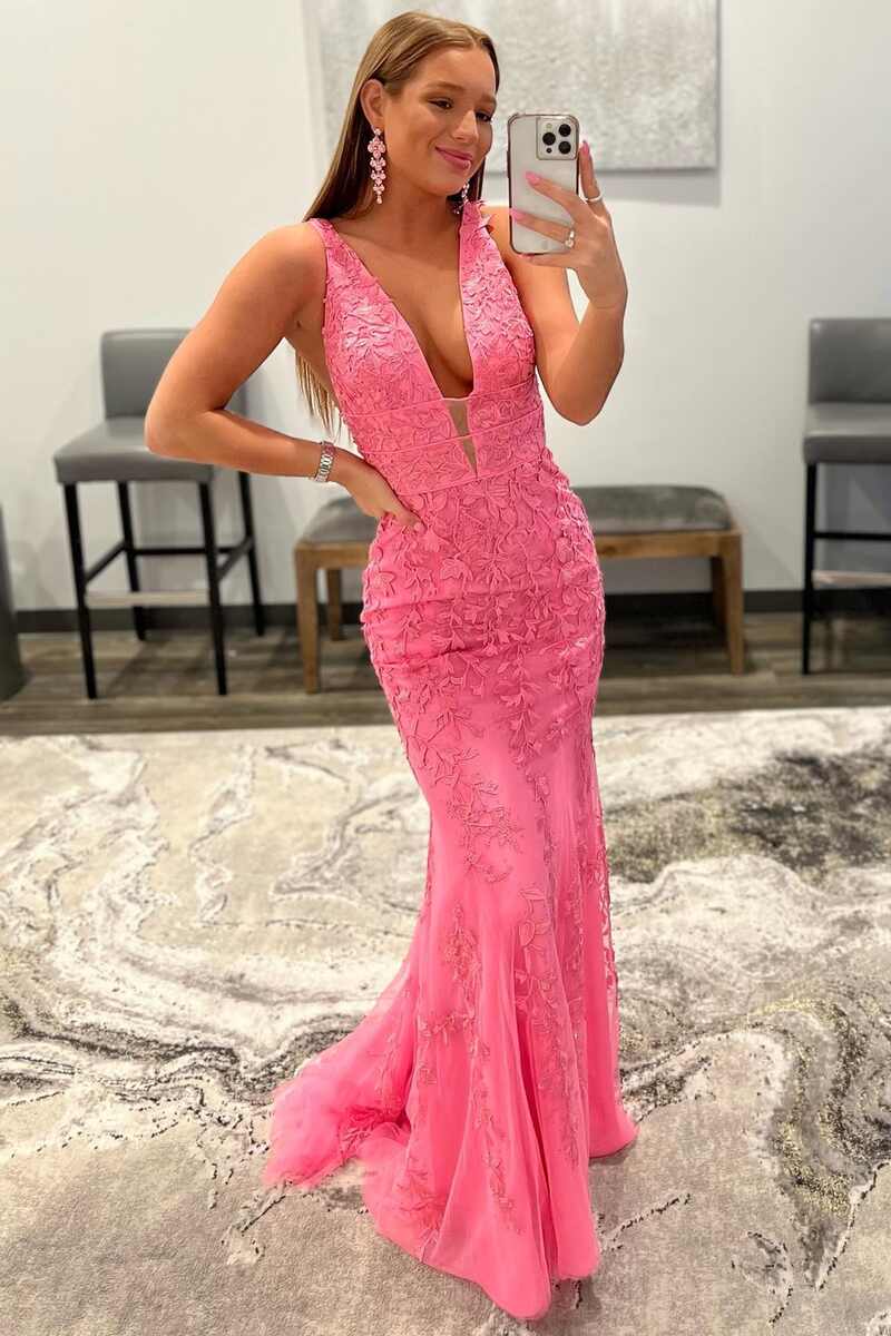 Vestido de fiesta de encaje con escote en V y corte sirena