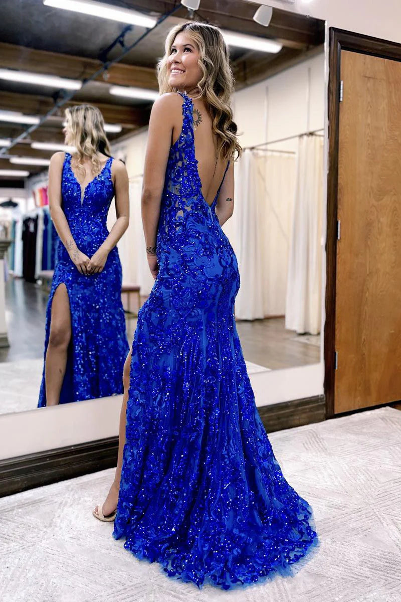 Vestido de fiesta de sirena con escote en V, lentejuelas y encaje con abertura