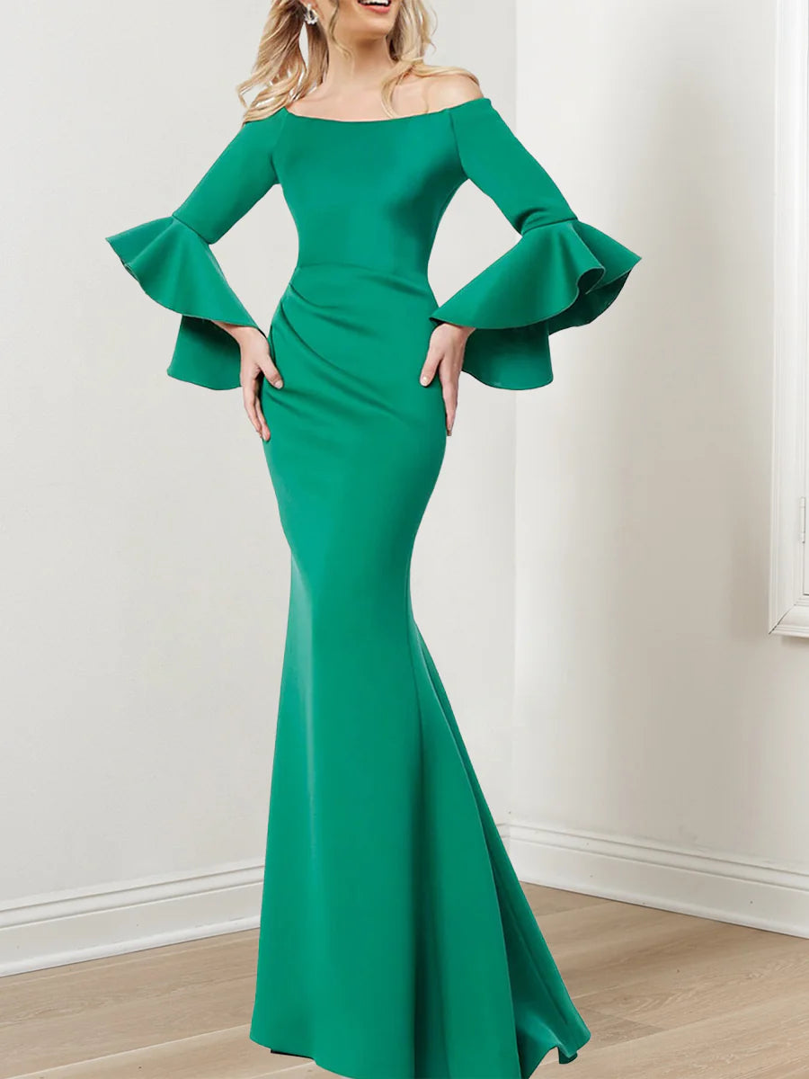Vestidos de madre de la novia con corte sirena, hombros descubiertos y mangas 3/4