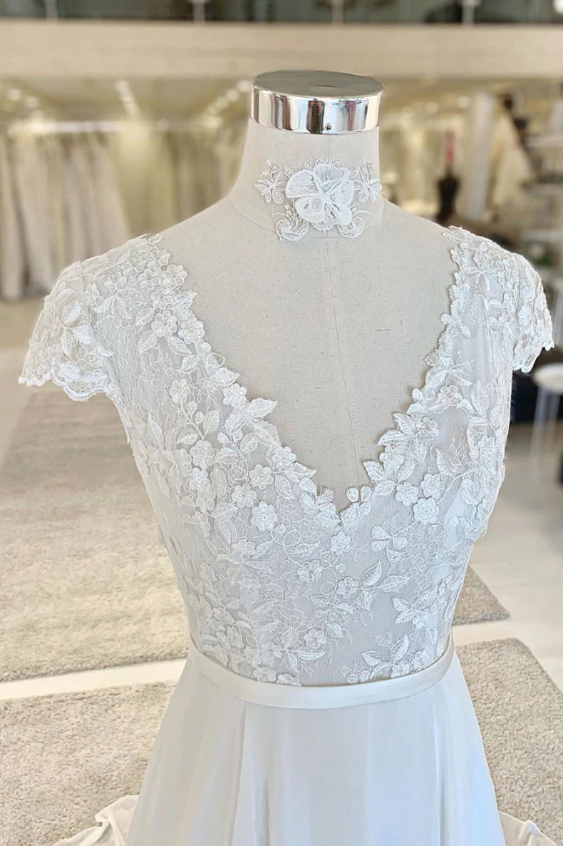 V neck lace chiffon long Wedding Dresses