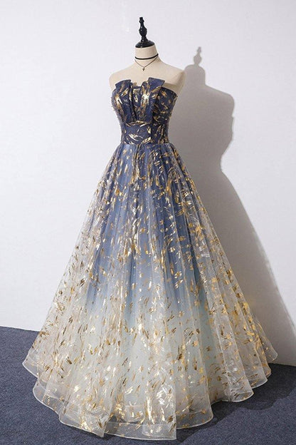A Line Floral Print Tulle Strapless Long Prom Dress
