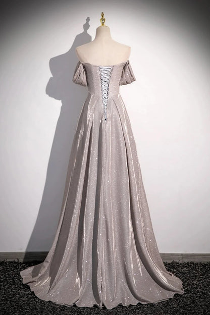 Pailletten Rüschen Langes Schulterfreies Kurzarm Abendkleid mit Sweep-Schleppe