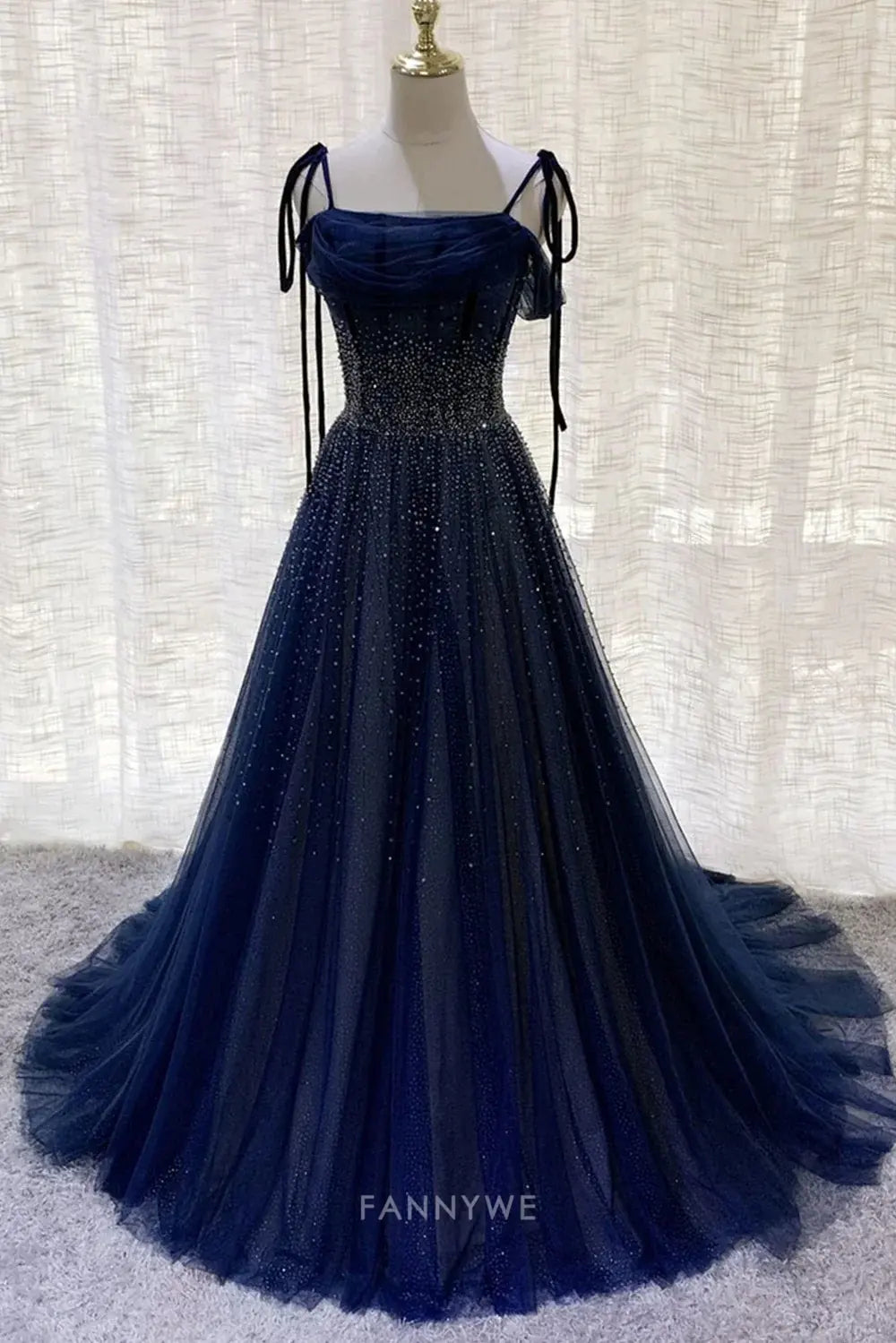 A-line shiny sequins long elegant tulle Dark blue formal dresses Bridesmaid Dresses evening gown Prom Dress