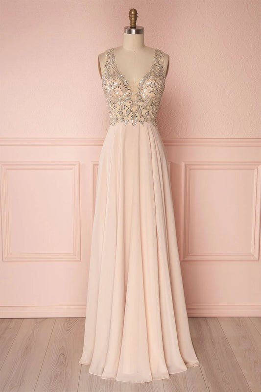 V neck beads sequin long prom dress