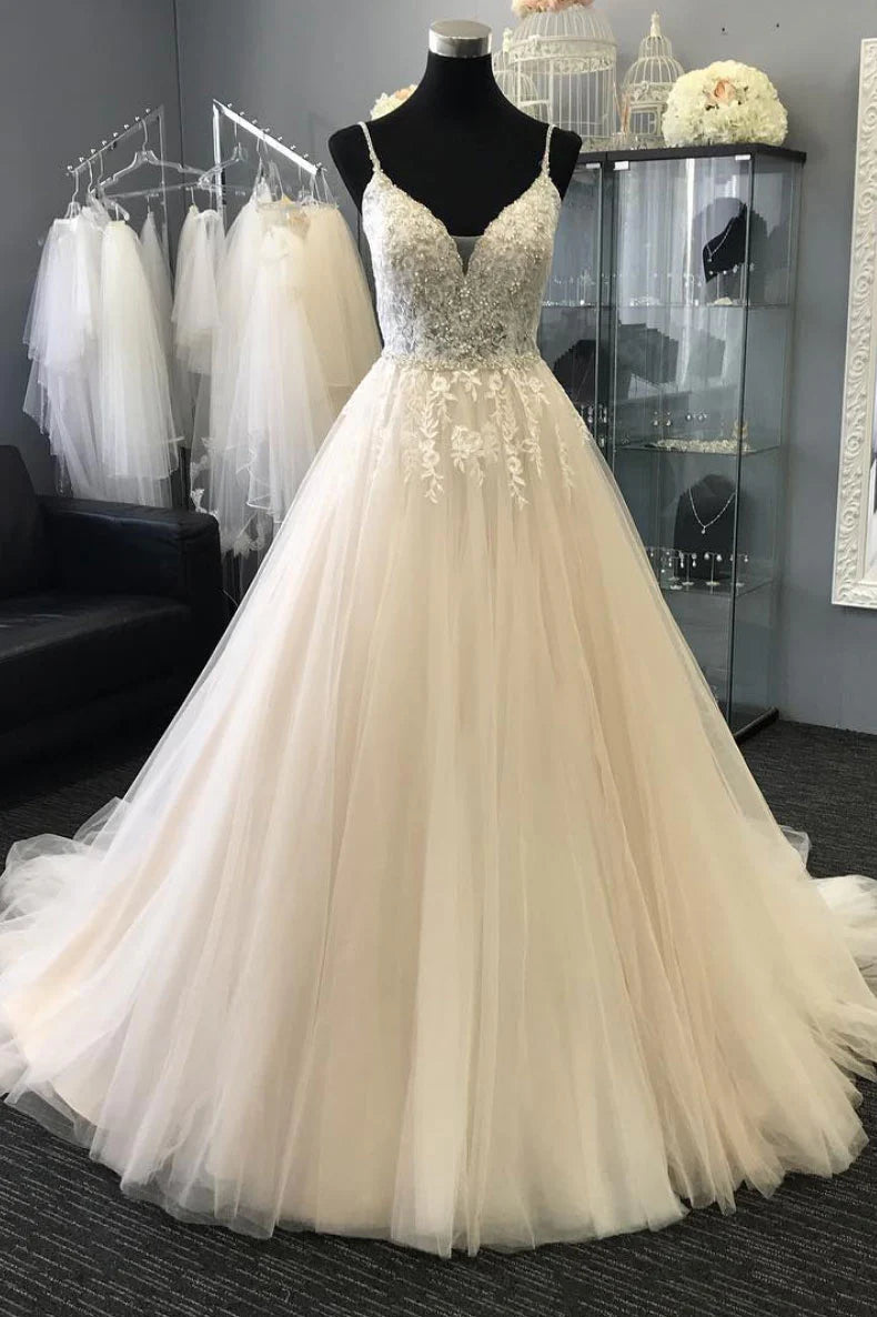 V neck tulle lace applique long Wedding Dresses