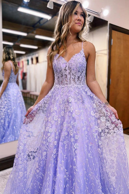 A Line Spaghetti Straps Corset Prom Dress with Appliques