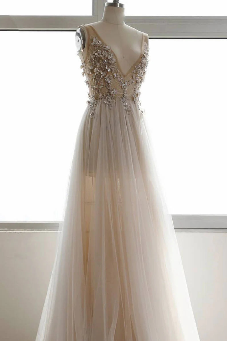 V neck tulle lace long prom dress