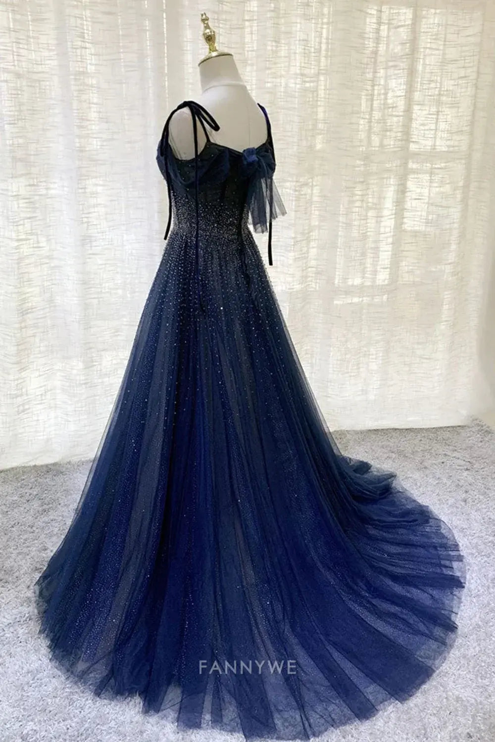 A-line shiny sequins long elegant tulle Dark blue formal dresses Bridesmaid Dresses evening gown Prom Dress