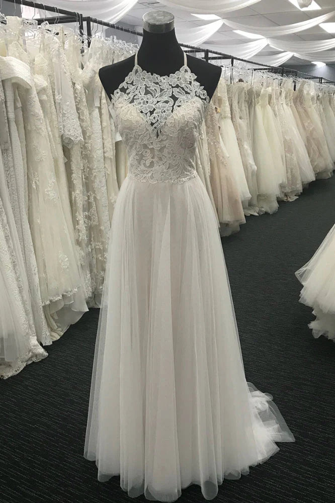 Vestido de novia largo de gasa con encaje y corte A
