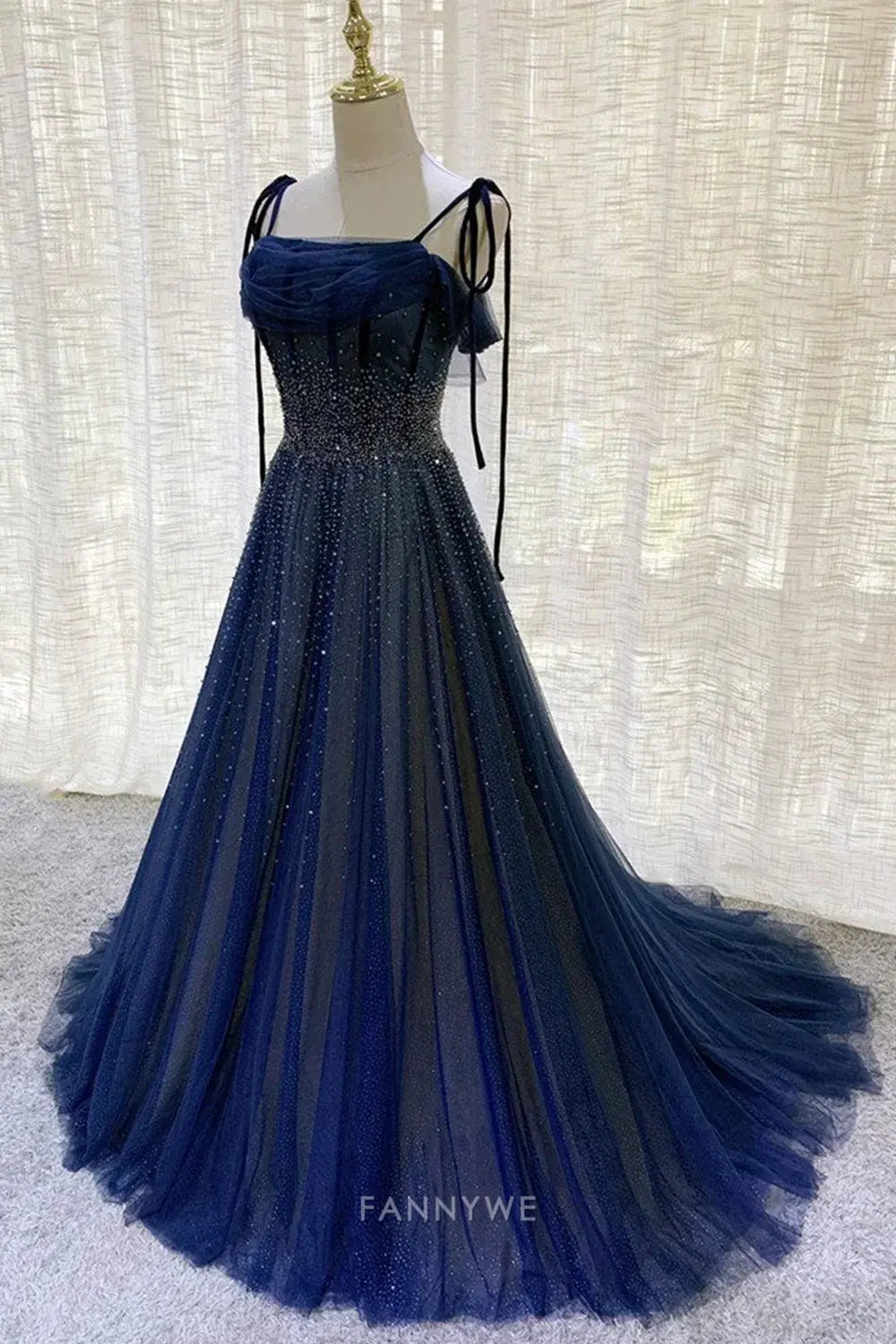A-line shiny sequins long elegant tulle Dark blue formal dresses Bridesmaid Dresses evening gown Prom Dress