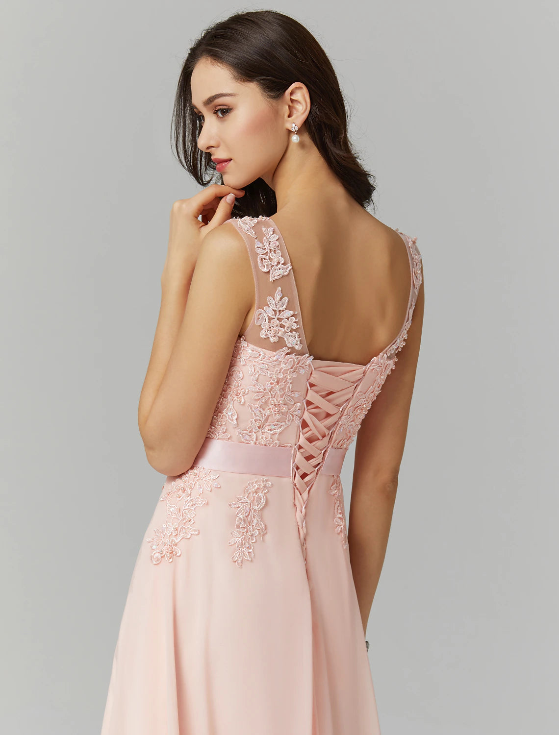 Vestido de dama de honor de corte A, cuello joya, sin mangas, elegante, largo hasta el suelo, de gasa/encaje con apliques