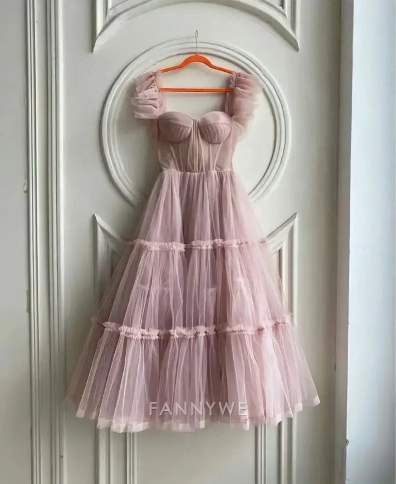 A-line Ruffled Sleeves Tulle Tiered formal dresses Bridesmaid Dresses evening gown Prom Dress