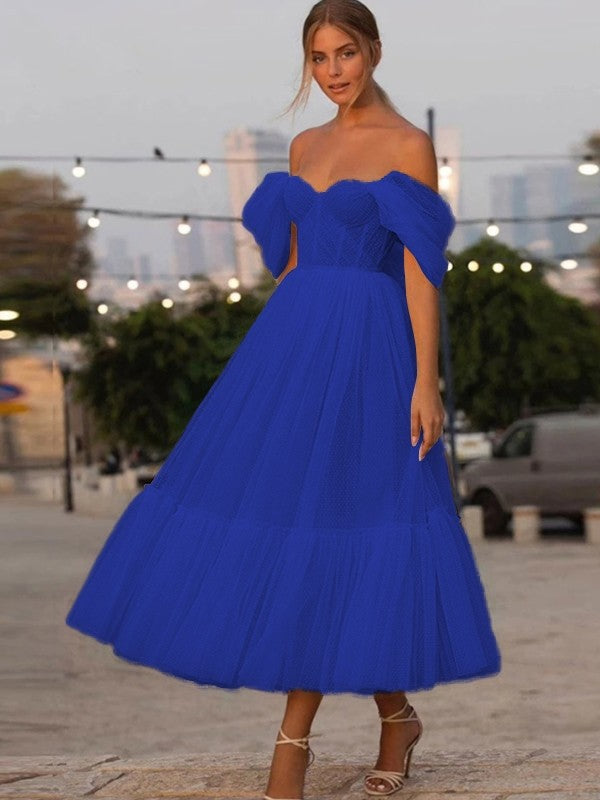 A-Line/Princess Tulle Ruffles Off-the-Shoulder Sleeveless Tea-Length Homecoming Dresses