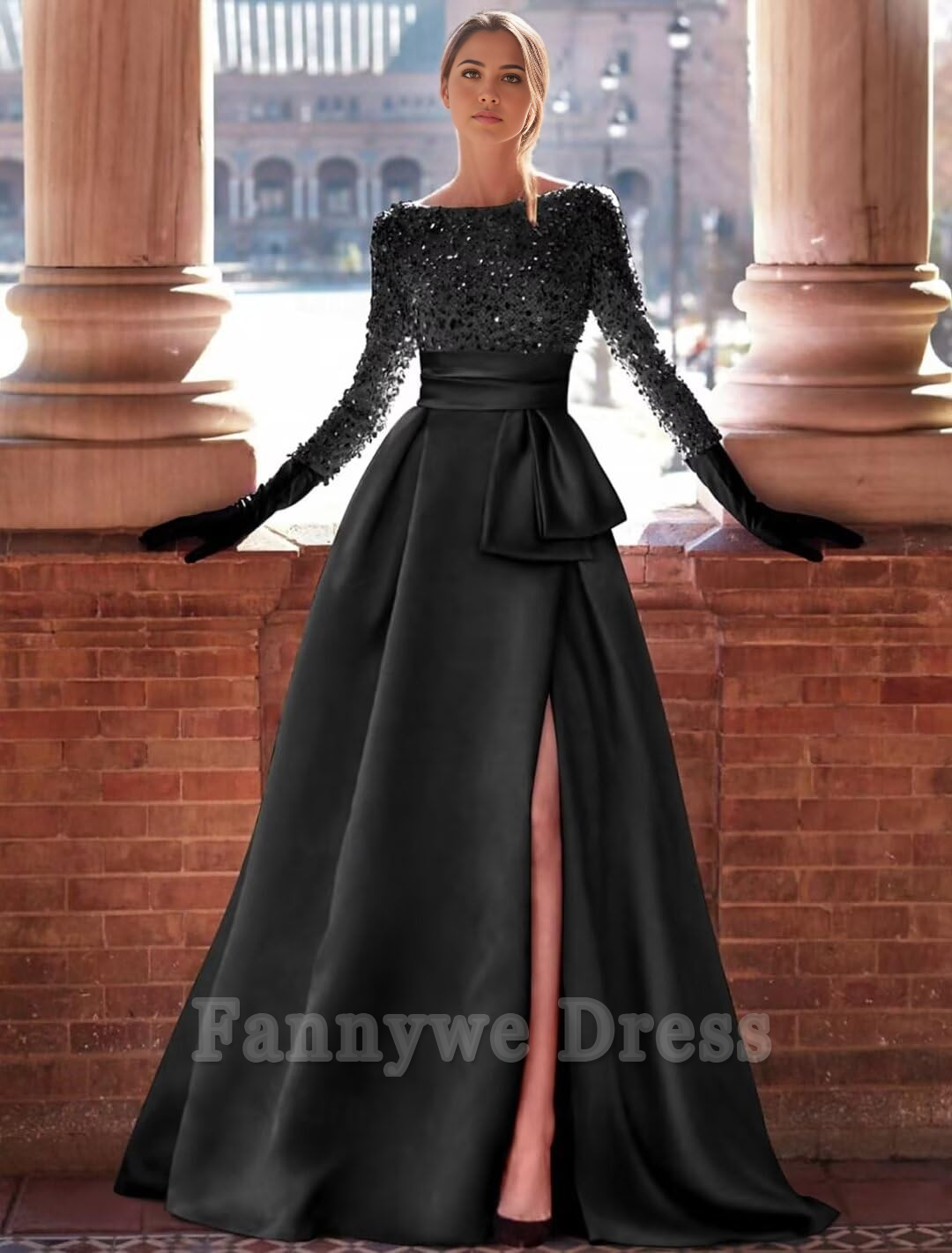 Sparkly Boatneck Sequins Satin Long Sleeve formal dresses Bridesmaid Dresses evening gown Prom Dress with Slit