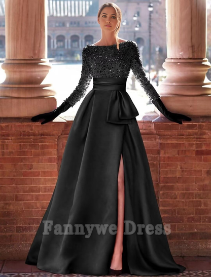 Sparkly Boatneck Sequins Satin Long Sleeve formal dresses Bridesmaid Dresses evening gown Prom Dress with Slit